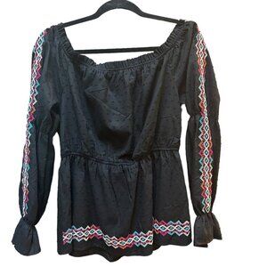 NWT Savanna Jane Top‎ Embroidered Long Sleeve Boho Blouse Black Ruffle Sleeve M